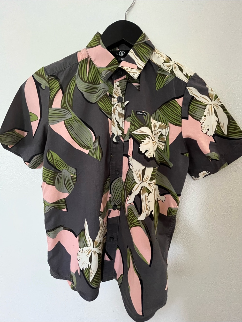 Volcom Boys Floral Short Sleeve Button-Up Shirt - Black & Pink